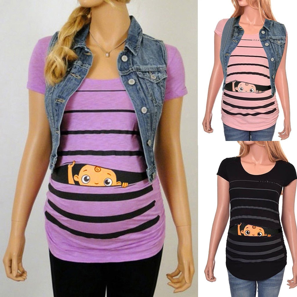 Sweet Cartoon Striped Pregnancy Summer T-shirt Tops Soft Slim Maternity Clothing Plus-size Short Sleeve Pregnant Women T-shirts