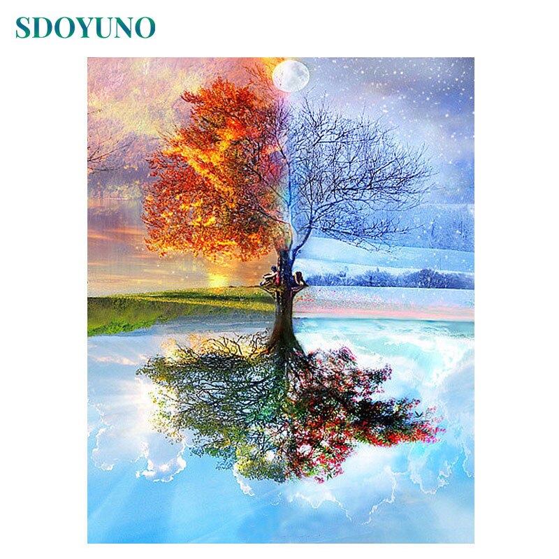 Four Seasons Tree 60x75cm DIY Framed Painting By Numbers For Adults Room Decoration Home Decor Numbers Painting Gift