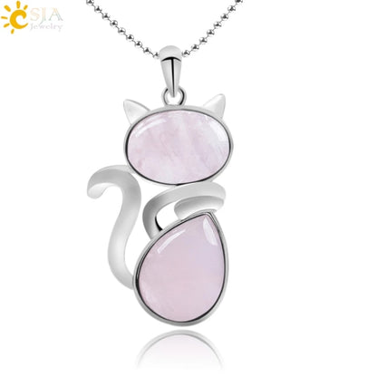 CSJA Reiki Natural Stone Necklaces Pink Quartz Pendants for Women Girl Cute Cat Shape Rock Black Onyx Beads Chain Jewelry F066