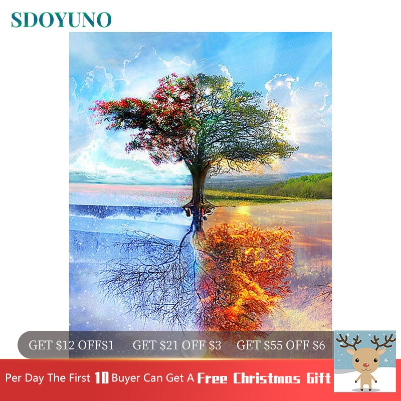 Four Seasons Tree 60x75cm DIY Framed Painting By Numbers For Adults Room Decoration Home Decor Numbers Painting Gift