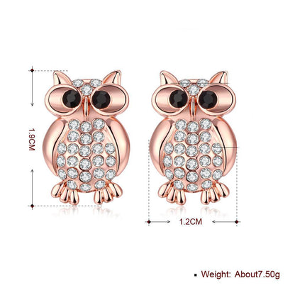 Crystal Large Owl Stud Earring in 18K Rose Gold Plated