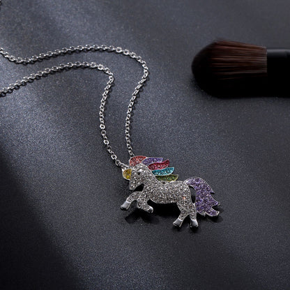 Magical Pony Unicorn Rainbow Pae Necklace in 18K White Gold Filled