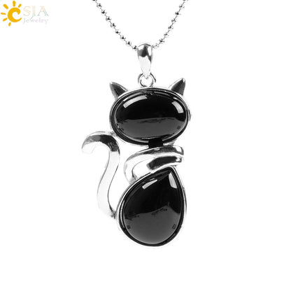 CSJA Reiki Natural Stone Necklaces Pink Quartz Pendants for Women Girl Cute Cat Shape Rock Black Onyx Beads Chain Jewelry F066