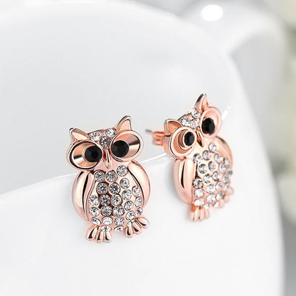 Crystal Large Owl Stud Earring in 18K Rose Gold Plated