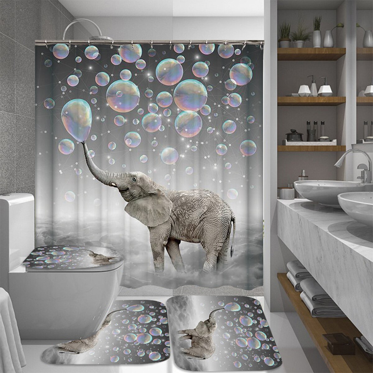 Ocean Beach Shell Sea Turtle Elephant Shower Curtain 3D Waterproof Curtains Bathroom Pedestal Rug Lid Toilet Cover Bath Mat Set