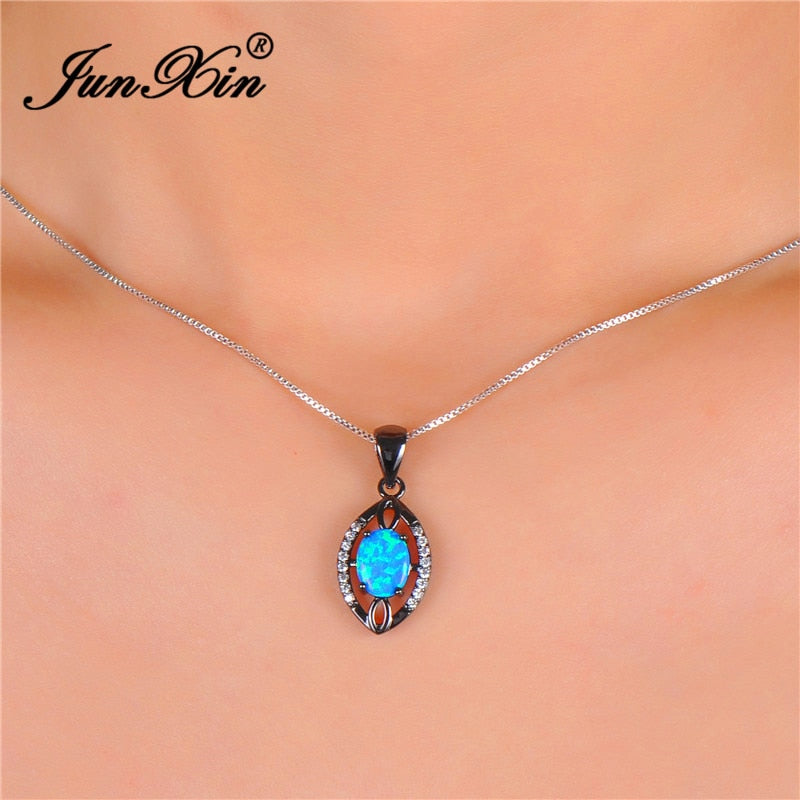 New Stylish Retro Black Gold Filled Zircon Water Drop Rainbow Choker Blue/White Fire Opal Pendant Necklaces For Women