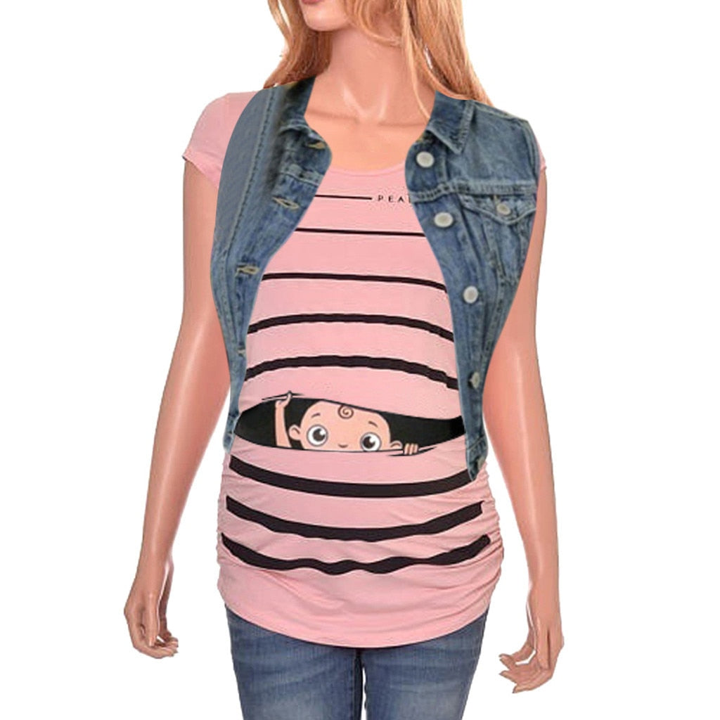 Sweet Cartoon Striped Pregnancy Summer T-shirt Tops Soft Slim Maternity Clothing Plus-size Short Sleeve Pregnant Women T-shirts