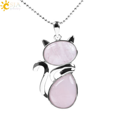 CSJA Reiki Natural Stone Necklaces Pink Quartz Pendants for Women Girl Cute Cat Shape Rock Black Onyx Beads Chain Jewelry F066