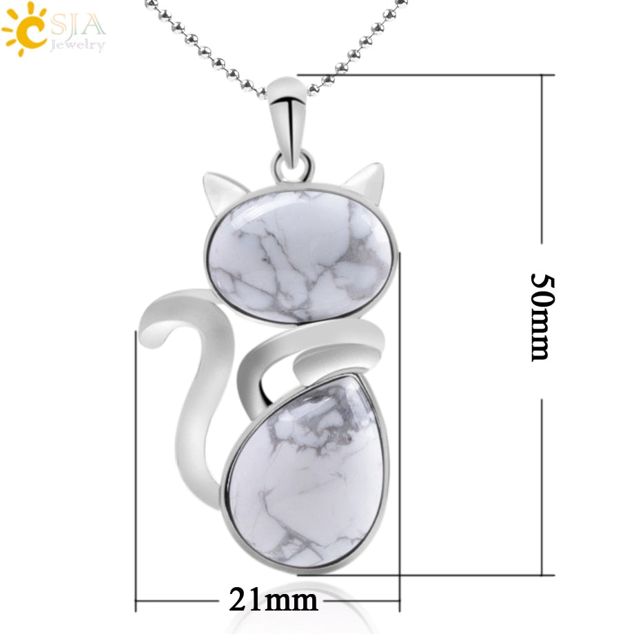 CSJA Reiki Natural Stone Necklaces Pink Quartz Pendants for Women Girl Cute Cat Shape Rock Black Onyx Beads Chain Jewelry F066