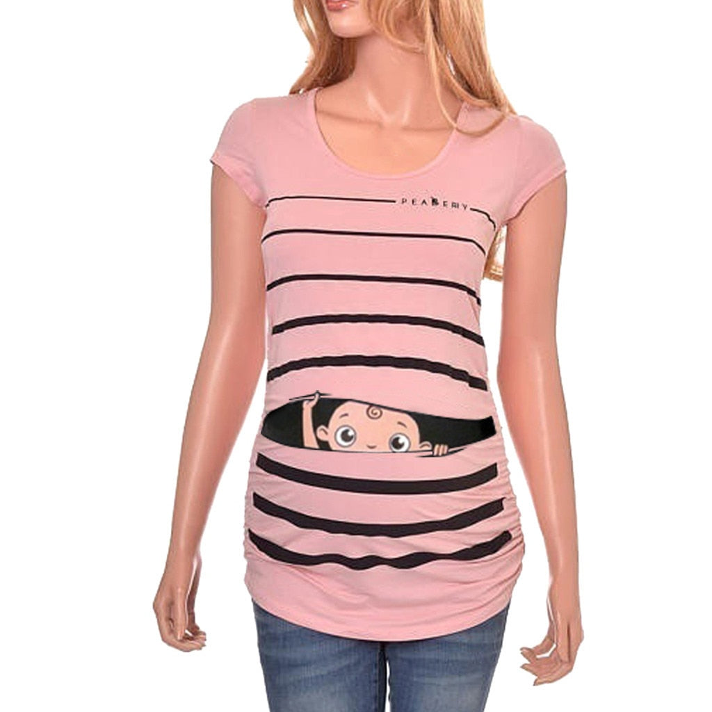 Sweet Cartoon Striped Pregnancy Summer T-shirt Tops Soft Slim Maternity Clothing Plus-size Short Sleeve Pregnant Women T-shirts