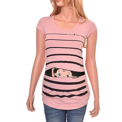 Sweet Cartoon Striped Pregnancy Summer T-shirt Tops Soft Slim Maternity Clothing Plus-size Short Sleeve Pregnant Women T-shirts