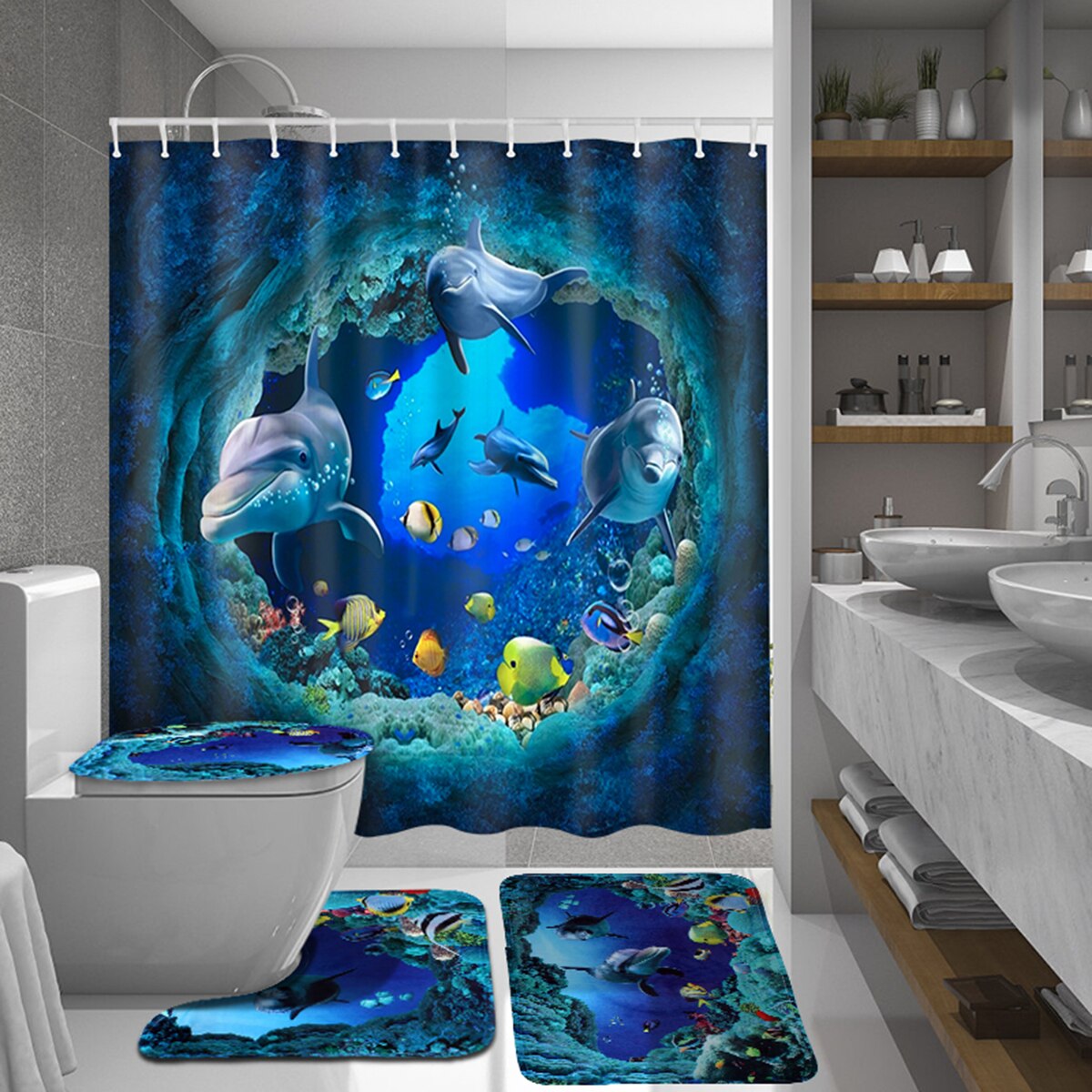 Ocean Beach Shell Sea Turtle Elephant Shower Curtain 3D Waterproof Curtains Bathroom Pedestal Rug Lid Toilet Cover Bath Mat Set