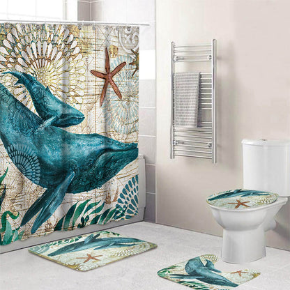 Ocean Beach Shell Sea Turtle Elephant Shower Curtain 3D Waterproof Curtains Bathroom Pedestal Rug Lid Toilet Cover Bath Mat Set