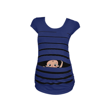 Sweet Cartoon Striped Pregnancy Summer T-shirt Tops Soft Slim Maternity Clothing Plus-size Short Sleeve Pregnant Women T-shirts