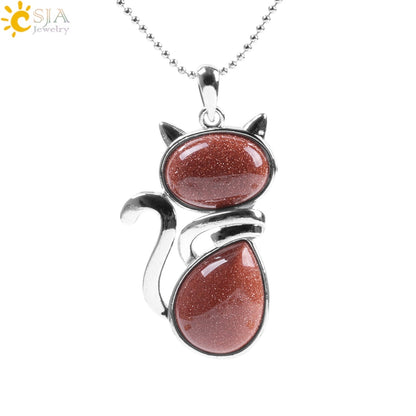 CSJA Reiki Natural Stone Necklaces Pink Quartz Pendants for Women Girl Cute Cat Shape Rock Black Onyx Beads Chain Jewelry F066