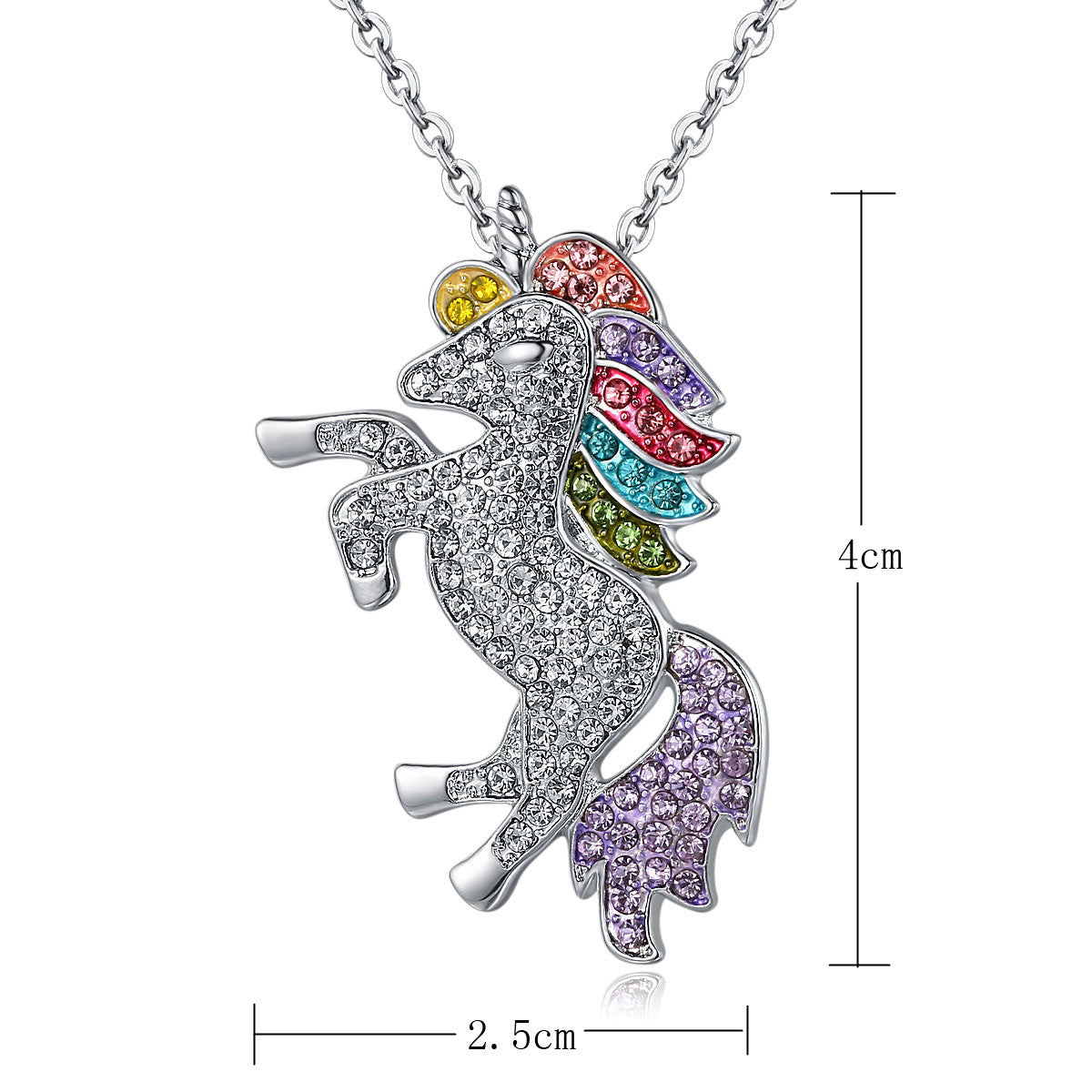 Magical Pony Unicorn Rainbow Pae Necklace in 18K White Gold Filled