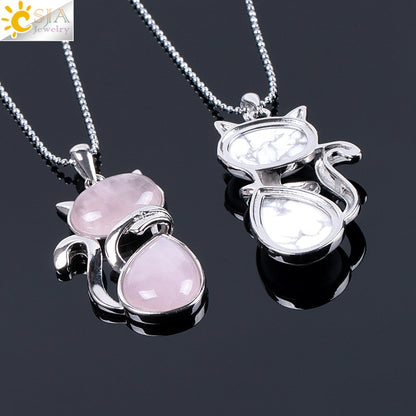 CSJA Reiki Natural Stone Necklaces Pink Quartz Pendants for Women Girl Cute Cat Shape Rock Black Onyx Beads Chain Jewelry F066