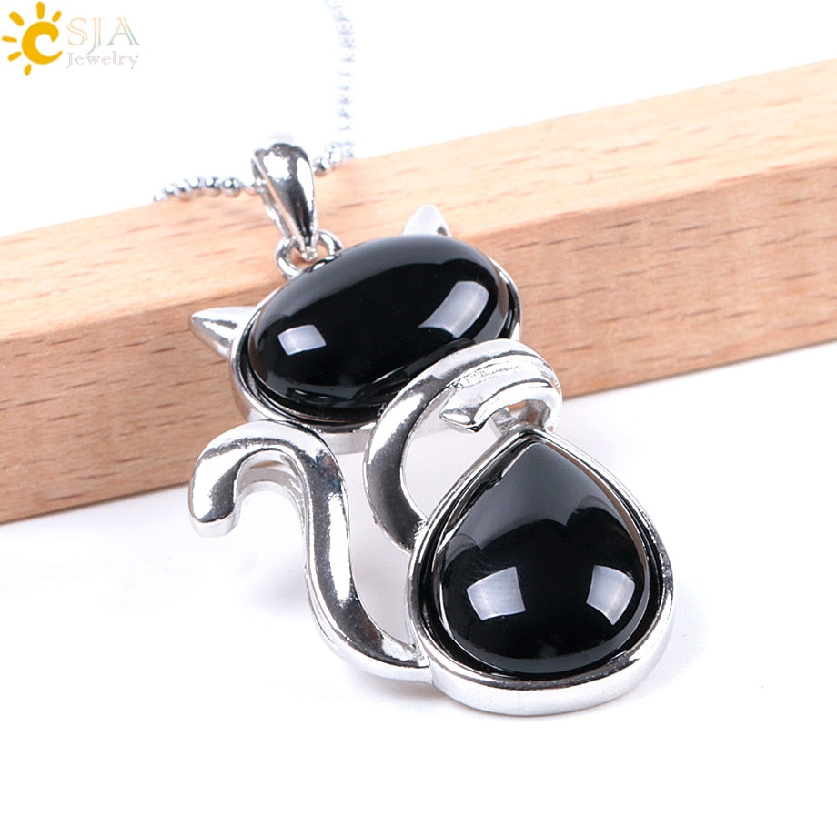 CSJA Reiki Natural Stone Necklaces Pink Quartz Pendants for Women Girl Cute Cat Shape Rock Black Onyx Beads Chain Jewelry F066