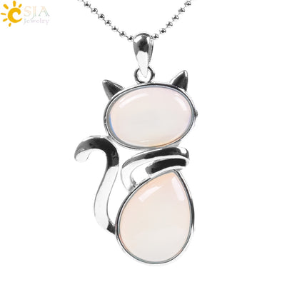 CSJA Reiki Natural Stone Necklaces Pink Quartz Pendants for Women Girl Cute Cat Shape Rock Black Onyx Beads Chain Jewelry F066