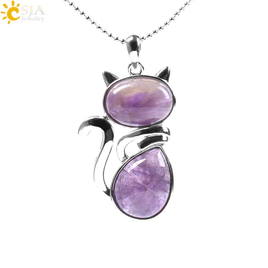 CSJA Reiki Natural Stone Necklaces Pink Quartz Pendants for Women Girl Cute Cat Shape Rock Black Onyx Beads Chain Jewelry F066