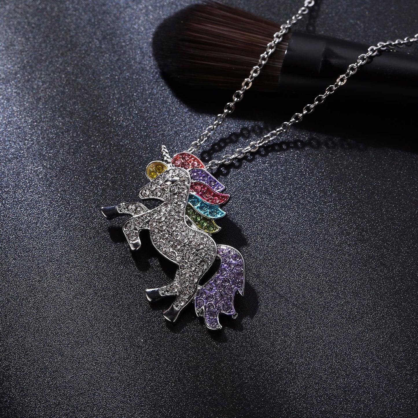 Magical Pony Unicorn Rainbow Pae Necklace in 18K White Gold Filled