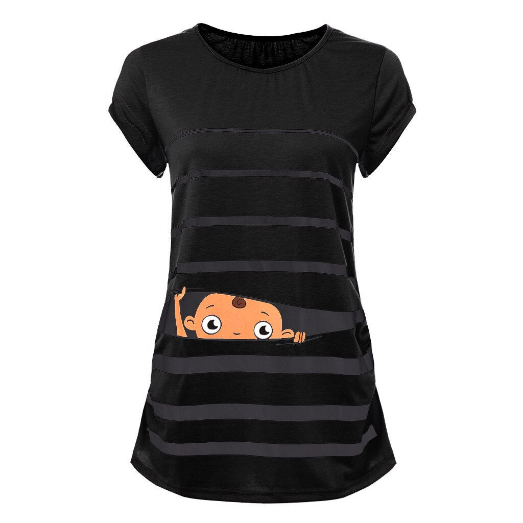 Sweet Cartoon Striped Pregnancy Summer T-shirt Tops Soft Slim Maternity Clothing Plus-size Short Sleeve Pregnant Women T-shirts