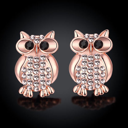 Crystal Large Owl Stud Earring in 18K Rose Gold Plated