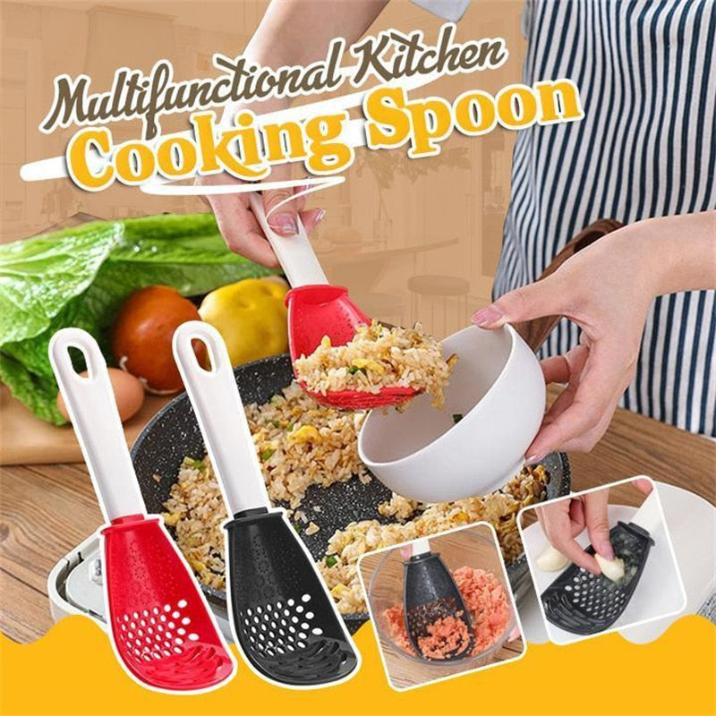 New Multifunctional Kitchen Cooking Spoon Heat-resistant Hanging Hole Innovative Potato Garlic Press Colander