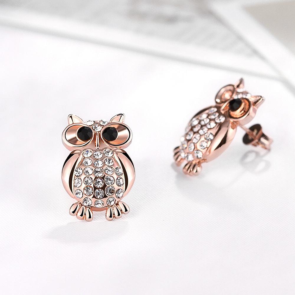 Crystal Large Owl Stud Earring in 18K Rose Gold Plated