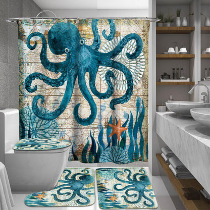 Ocean Beach Shell Sea Turtle Elephant Shower Curtain 3D Waterproof Curtains Bathroom Pedestal Rug Lid Toilet Cover Bath Mat Set