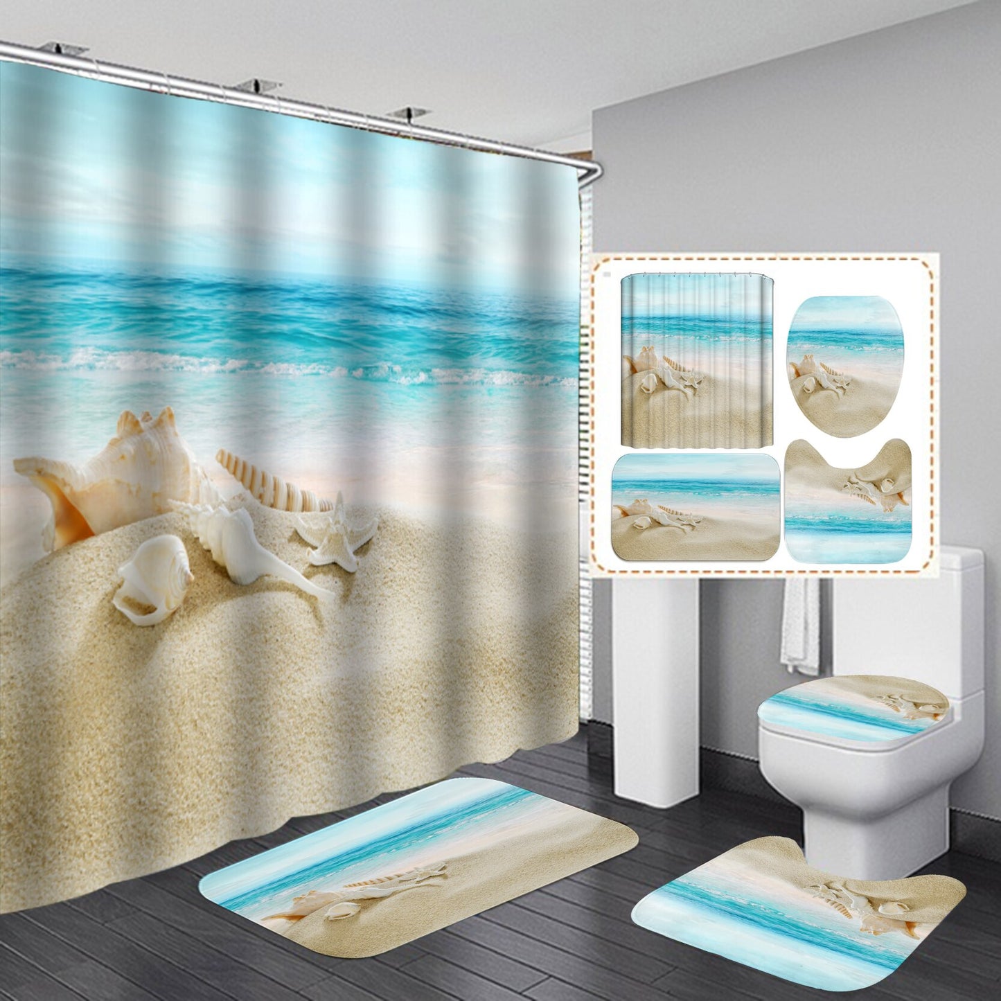 Ocean Beach Shell Sea Turtle Elephant Shower Curtain 3D Waterproof Curtains Bathroom Pedestal Rug Lid Toilet Cover Bath Mat Set