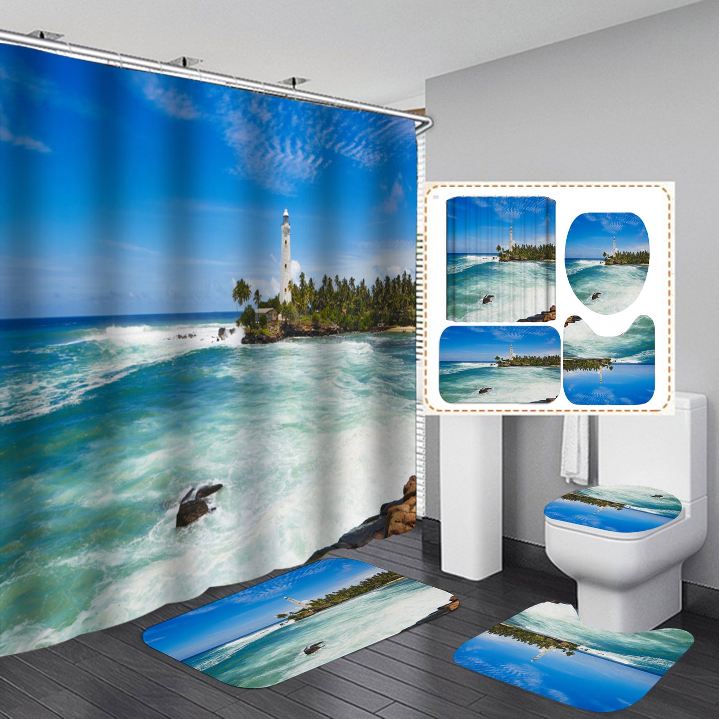 Ocean Beach Shell Sea Turtle Elephant Shower Curtain 3D Waterproof Curtains Bathroom Pedestal Rug Lid Toilet Cover Bath Mat Set