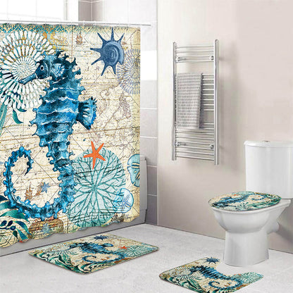 Ocean Beach Shell Sea Turtle Elephant Shower Curtain 3D Waterproof Curtains Bathroom Pedestal Rug Lid Toilet Cover Bath Mat Set