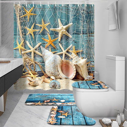 Ocean Beach Shell Sea Turtle Elephant Shower Curtain 3D Waterproof Curtains Bathroom Pedestal Rug Lid Toilet Cover Bath Mat Set