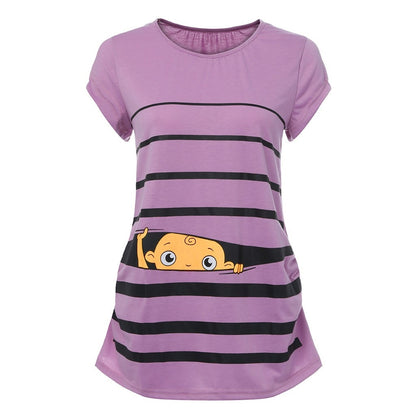 Sweet Cartoon Striped Pregnancy Summer T-shirt Tops Soft Slim Maternity Clothing Plus-size Short Sleeve Pregnant Women T-shirts