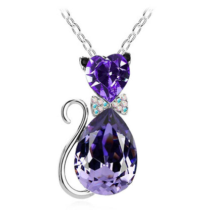 Cute Cat Pendant Necklace For Women Heart Crystal Jewelry Austrian Crystal Clavicle Chain Necklace