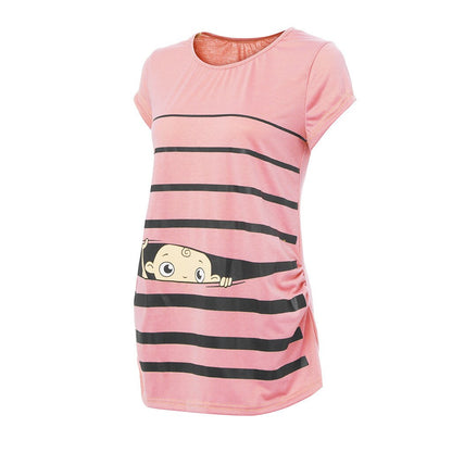 Sweet Cartoon Striped Pregnancy Summer T-shirt Tops Soft Slim Maternity Clothing Plus-size Short Sleeve Pregnant Women T-shirts