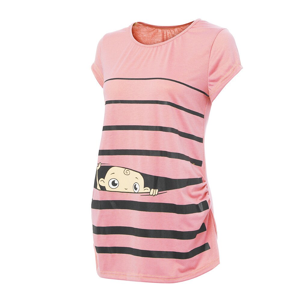 Sweet Cartoon Striped Pregnancy Summer T-shirt Tops Soft Slim Maternity Clothing Plus-size Short Sleeve Pregnant Women T-shirts