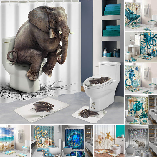 Ocean Beach Shell Sea Turtle Elephant Shower Curtain 3D Waterproof Curtains Bathroom Pedestal Rug Lid Toilet Cover Bath Mat Set