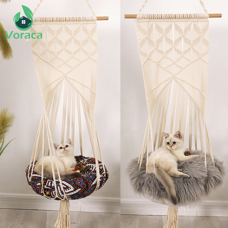 Cat Swing Bed Cage Boho Style Handmade Hanging Sleep Chair Seats Tassel CatsToy Cotton Rope Macrame Tassel House Pets Supplies