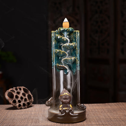 Monkey King Smoke Waterfall Censer Smoke Waterfall Ceramic Backflow Incense Burner Holder Creative Home Decor Gift Ornaments