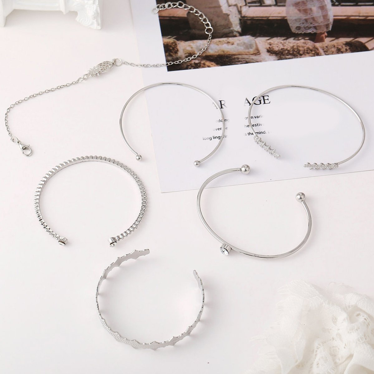 6 Piece Geometric Bangle Set With Austrian  Crystals 18K White Gold Plated Bracelet ITALY Made