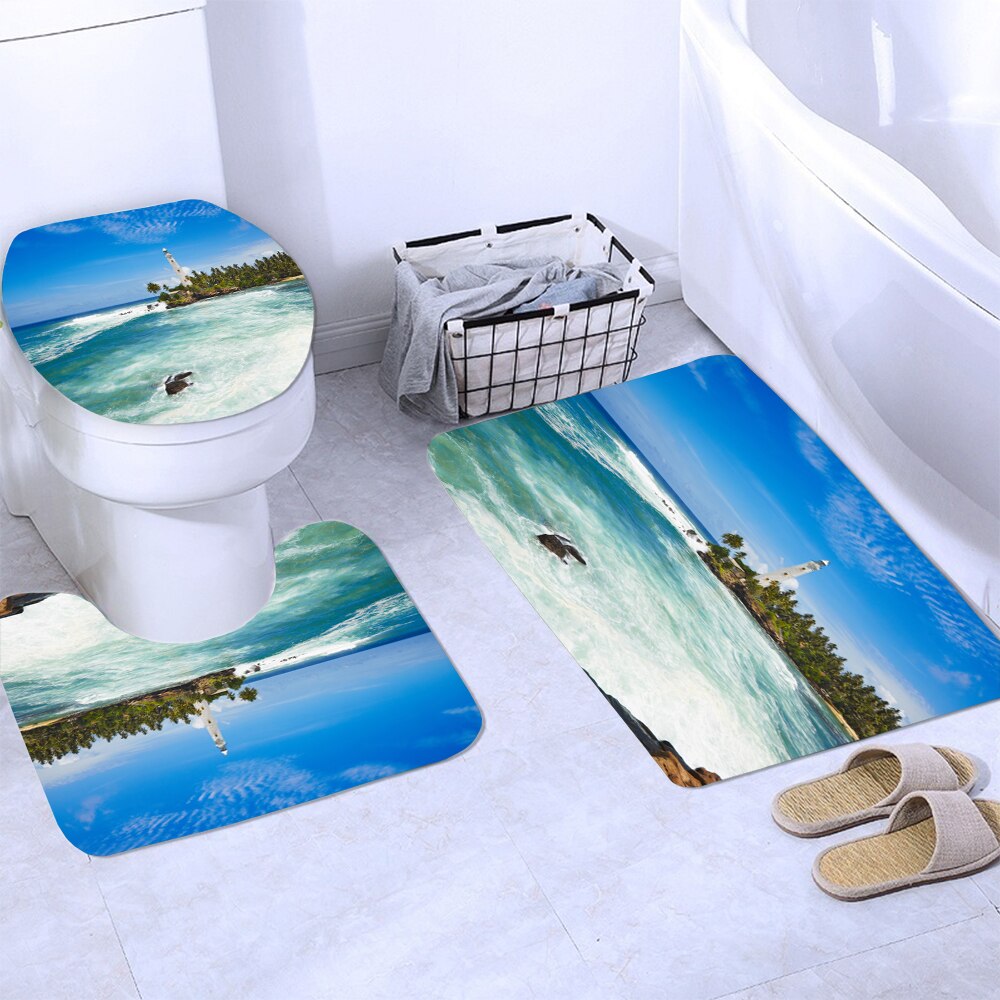 Ocean Beach Shell Sea Turtle Elephant Shower Curtain 3D Waterproof Curtains Bathroom Pedestal Rug Lid Toilet Cover Bath Mat Set