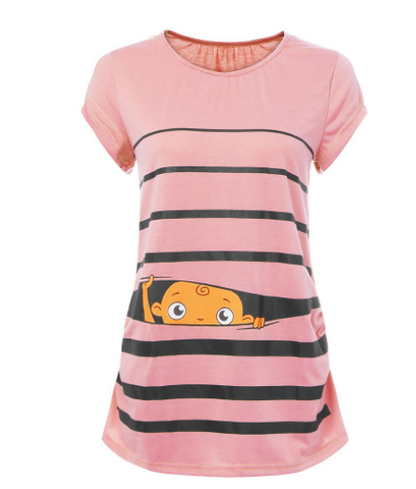 Sweet Cartoon Striped Pregnancy Summer T-shirt Tops Soft Slim Maternity Clothing Plus-size Short Sleeve Pregnant Women T-shirts