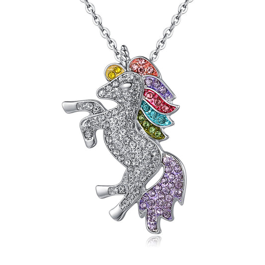 Magical Pony Unicorn Rainbow Pae Necklace in 18K White Gold Filled