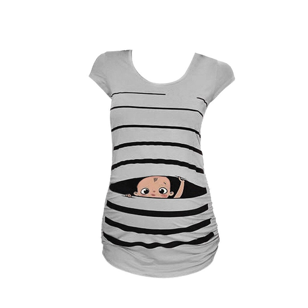 Sweet Cartoon Striped Pregnancy Summer T-shirt Tops Soft Slim Maternity Clothing Plus-size Short Sleeve Pregnant Women T-shirts