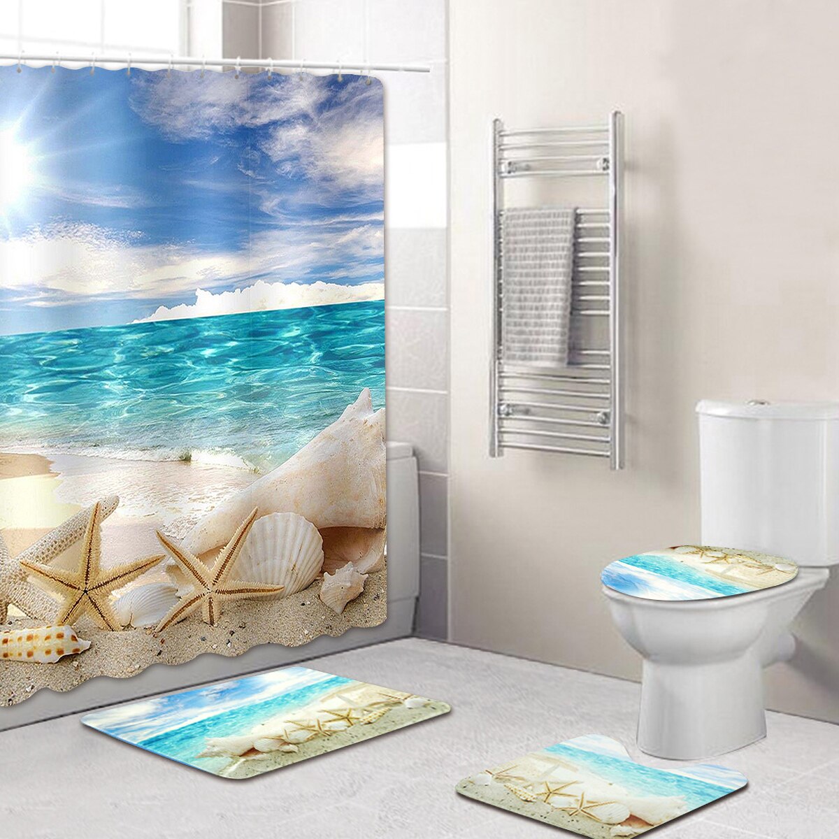 Ocean Beach Shell Sea Turtle Elephant Shower Curtain 3D Waterproof Curtains Bathroom Pedestal Rug Lid Toilet Cover Bath Mat Set